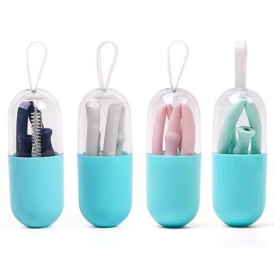 FDA Silicone Straws Drinking Reusable Portable Collapsible Straws with Cleaning Brush BPA Free folding drinking straw